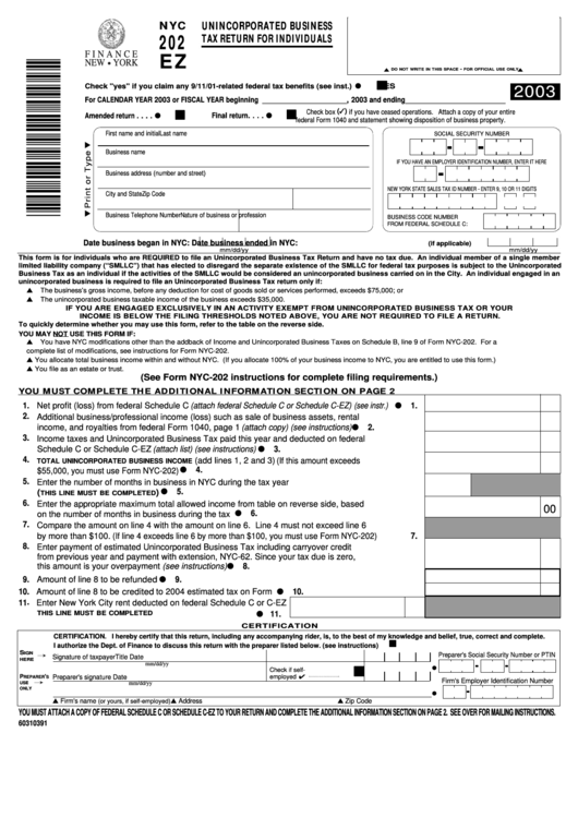 Fillable Form Nyc-202ez - Unincorporated Business Tax Return For Individuals - 2003 Printable pdf