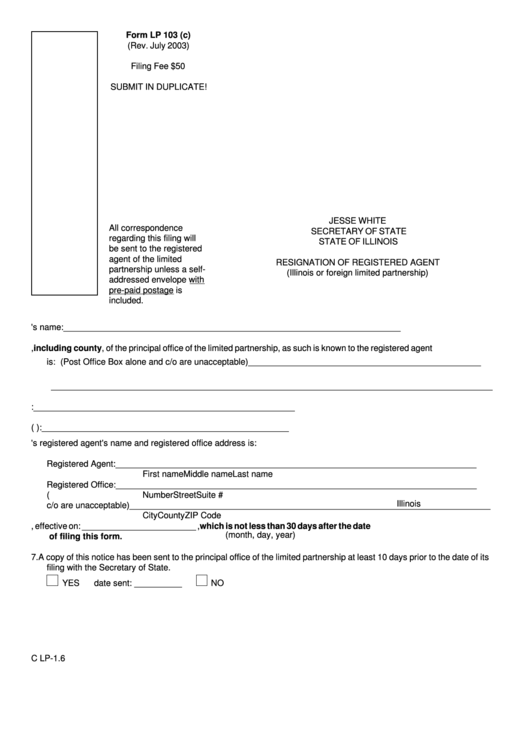 Fillable Form Lp 103 (C) - Resignation Or Registered Agent - 2003 Printable pdf