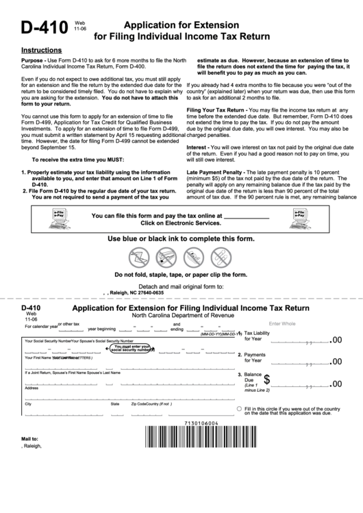 Form D-410 - Application For Extension For Filing Individual Income Tax Return Printable pdf