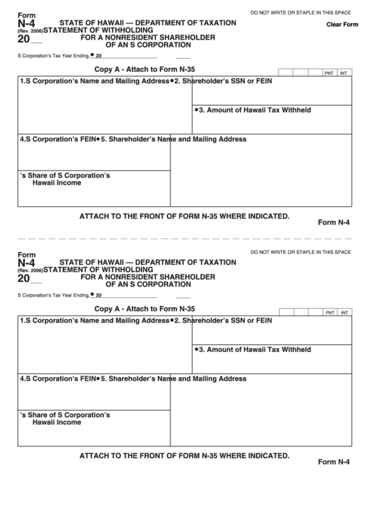 Fillable Form N-4 - Statement Of Withholding For A Nonresident Shareholder Of An S Corporation Printable pdf