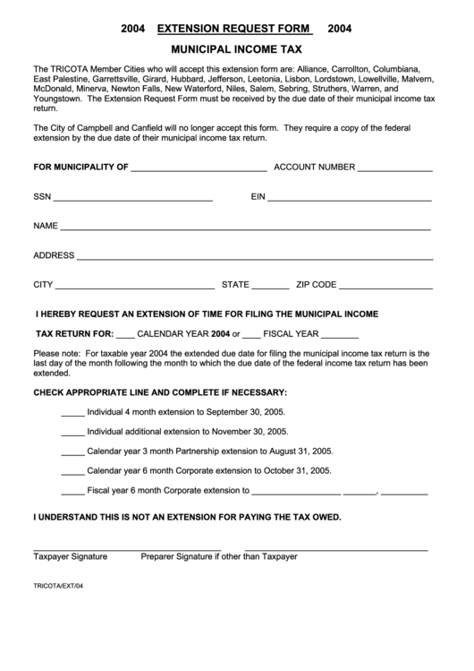 Municipal Income Tax Extension Request Form - 2004 Printable pdf