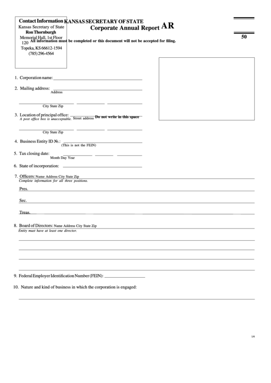 Form Ar 50 - Corporate Annual Report - Kansas Secretary Of State Printable pdf