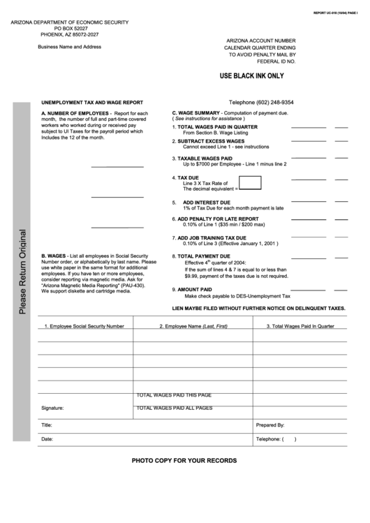 Fillable Form Uc-018 - Unemployment Tax And Wage Report - Arizona Department Of Economic Security - 2004 Printable pdf