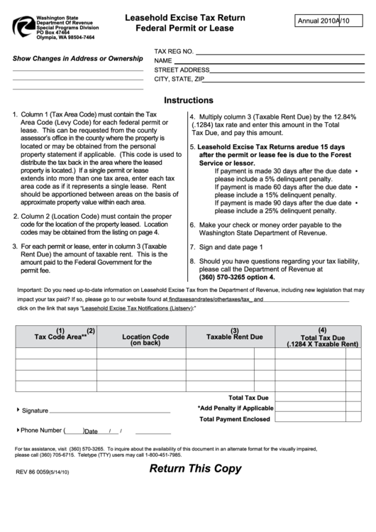 Form Rev 86 0059 - Leasehold Excise Tax Return Federal Permit Or Lease - 2010 Printable pdf