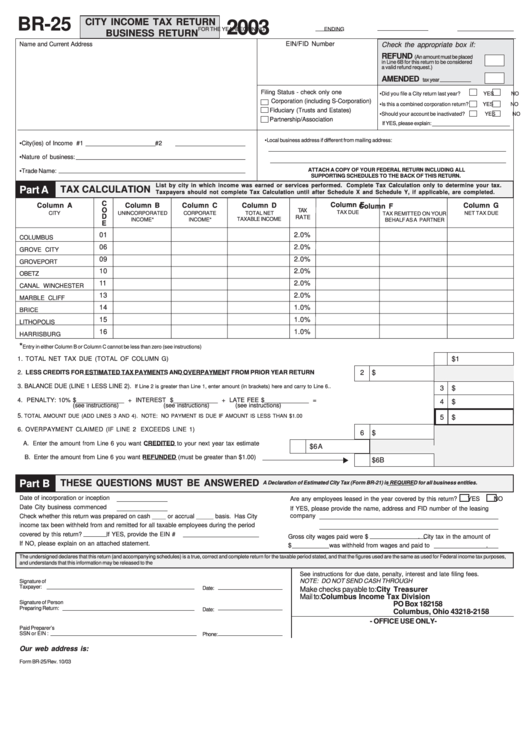 Fillable Form Br-25 - City Income Tax Return Business Return - 2003 