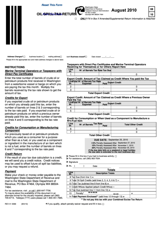 Fillable Oil Spill Tax Return - Washington Department Of Revenue - 2010 Printable pdf