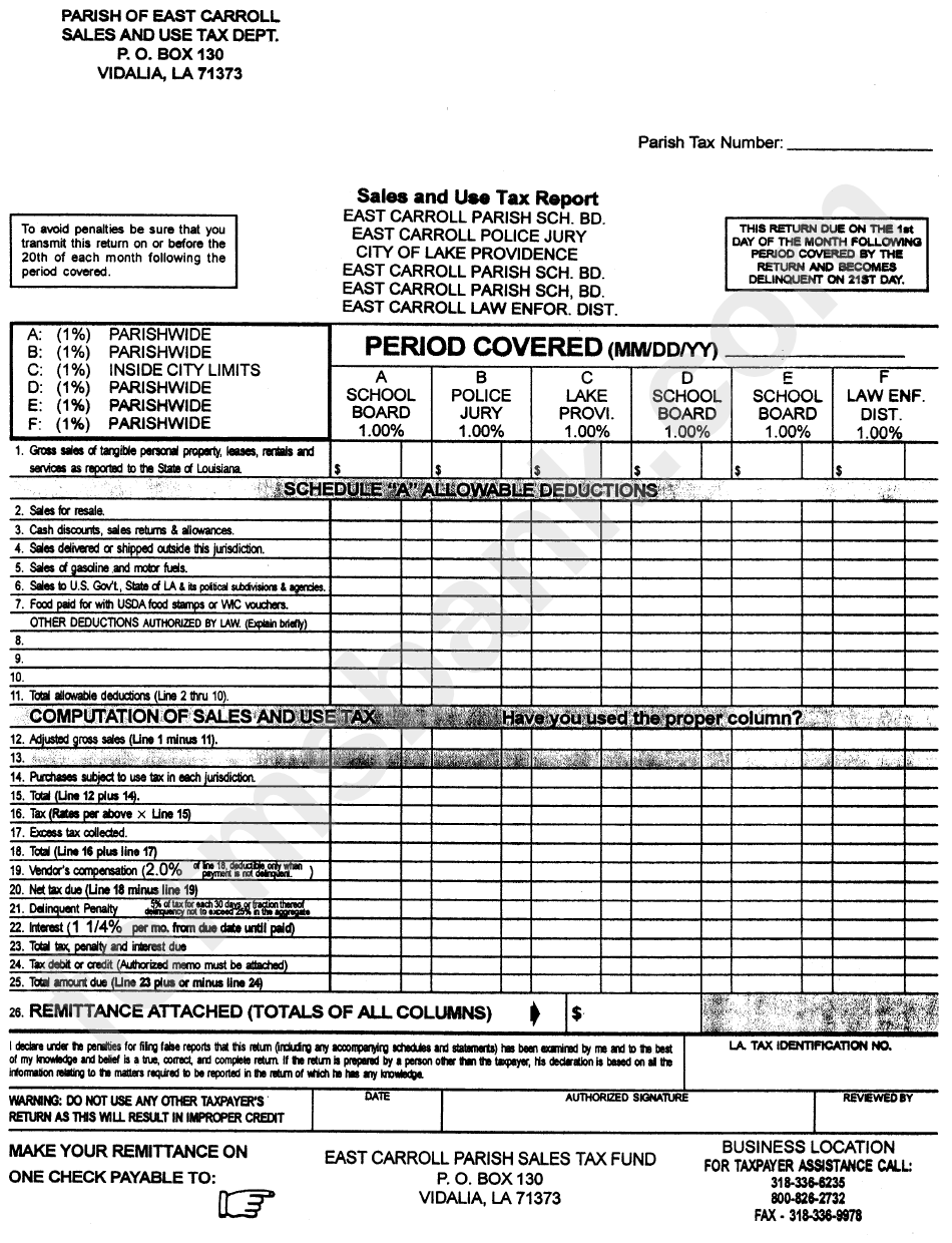 Sales And Use Tax Report - Parish Of East Carroll