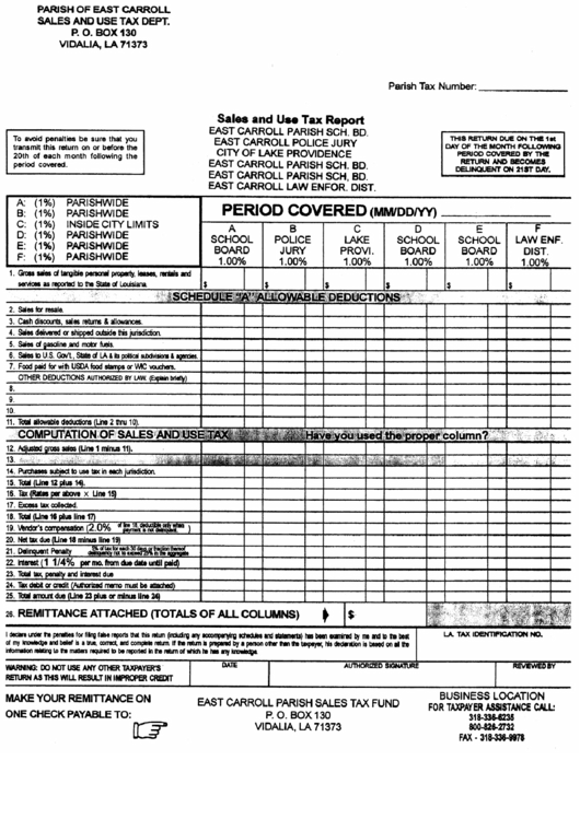Sales And Use Tax Report - Parish Of East Carroll Printable pdf