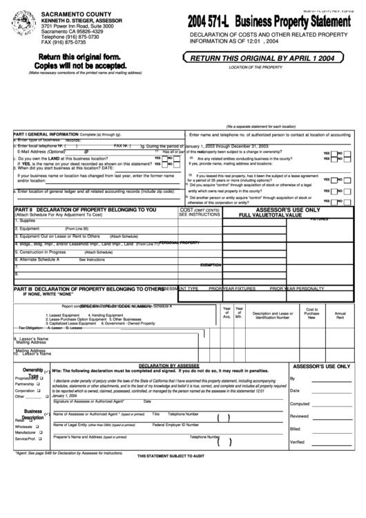 Form Boe-571-L - Business Property Statement - 2004 Printable pdf