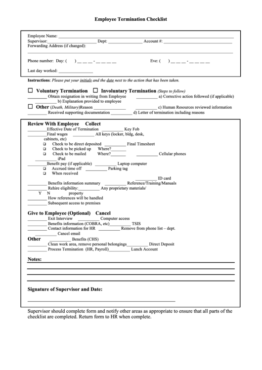 Employee Termination Checklist Printable pdf