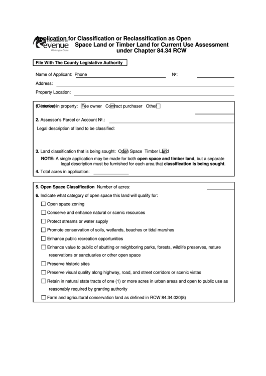 Application For Classification Or Reclassification As Open Space Land Or Timber Land For Current Use Assessment - Washington Department Of Revenue Printable pdf