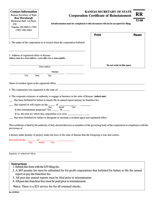 Fillable Form Rr 53-08 - Corporation Certificate Of Reinstatement - Kansas Secretary Of State Printable pdf