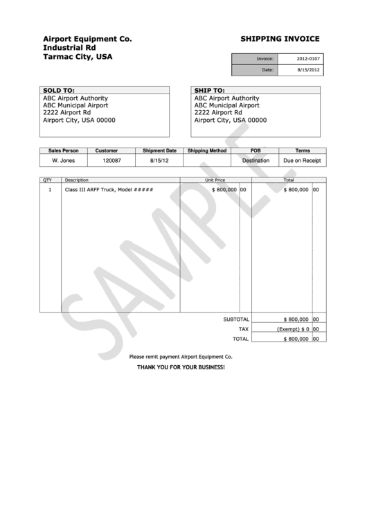 Shipping Invoice Template Printable pdf