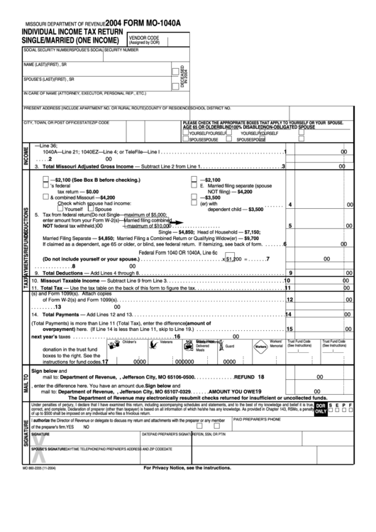 Form Mo-1040a - Individual Income Tax Return Single/married (One Income) - 2004 Printable pdf