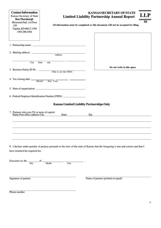 Form Llp 50 - Limited Liability Partnership Annual Report - Kansas Secretary Of State Printable pdf