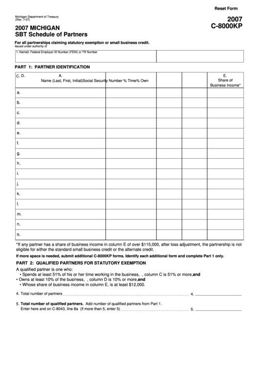 Fillable Form C-8000kp - Sbt Schedule Of Partners - 2007 Printable pdf