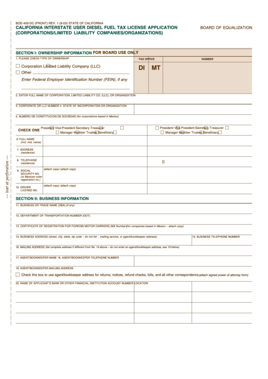 Fillable Form Boe-400-Dc - California Interstate User Diesel Fuel Tax License Application For Corporations/limited Liability Companies/organizations Printable pdf