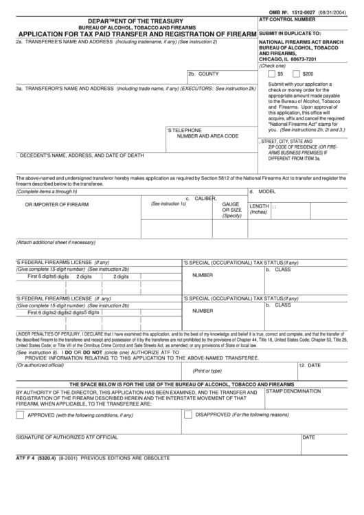 Form Atf F 4 (5320.4) - Application For Tax Paid Transfer And Registration Of Firearm - Department Of Treasury