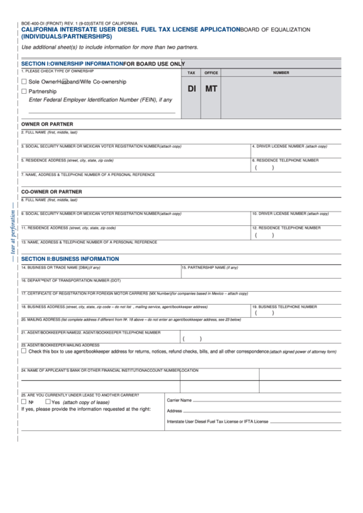 Fillable Form Boe-400-Di - California Interstate User Diesel Fuel Tax License Application For Individuals/partnerships Printable pdf