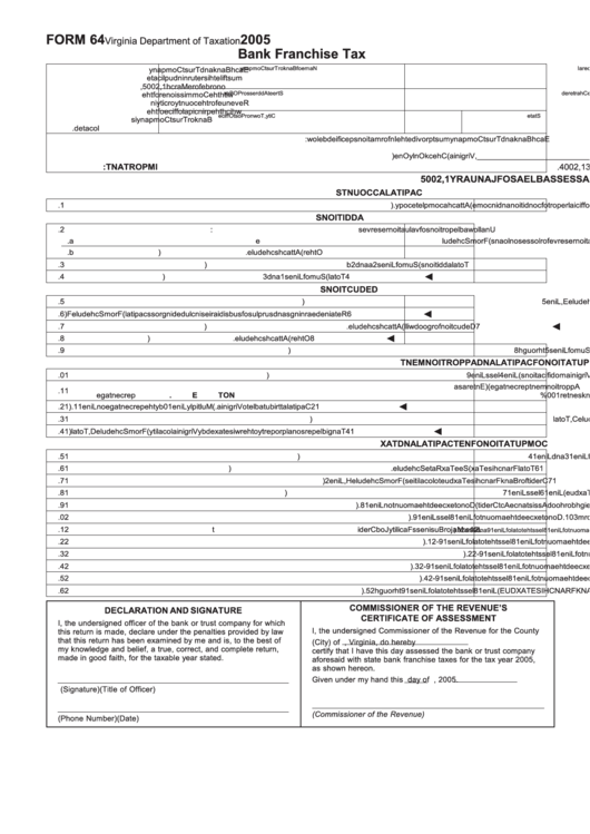 Form 64 - Bank Franchise Tax - 2005 Printable pdf
