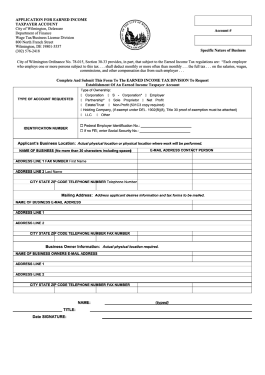 Application For Earned Income Taxpayer Account - City Of Wilmington Printable pdf