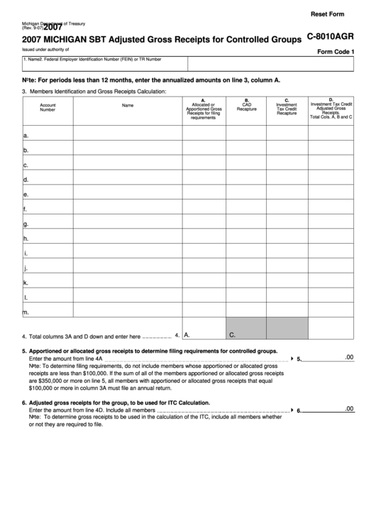 Fillable Form C-8010agr - Michigan Sbt Adjusted Gross Receipts For Controlled Groups - 2007 Printable pdf