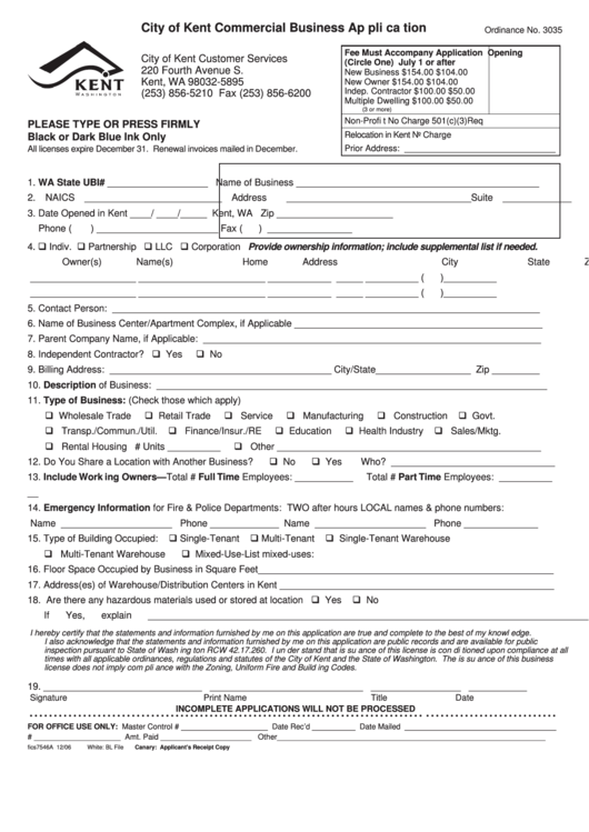 Form Fics7546a - Commercial Business Application - City Of Kent Printable pdf