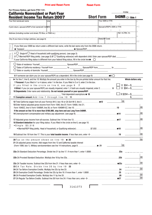 Fillable Short Form 540nr - California Nonresident Or Part-Year Resident Income Tax Return - 2007 Printable pdf