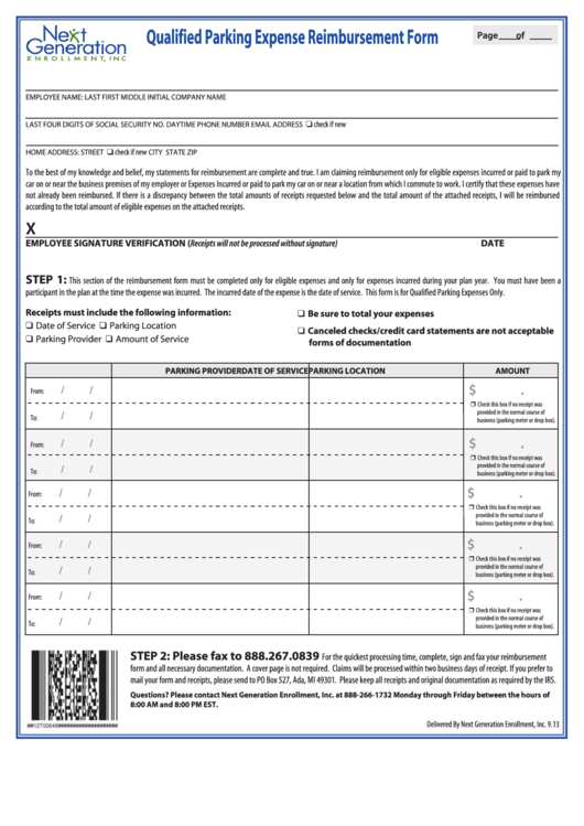 Qualified Parking Expense Reimbursement Form Printable pdf