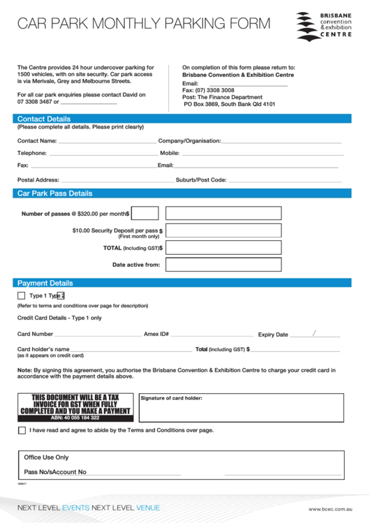 Car Park Monthly Parking Form Printable pdf
