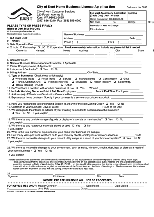 Form Fics7546b - Home Business License Application - City Of Kent Printable pdf
