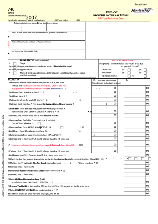 Fillable Form 740 - Kentucky Individual Income Tax Return For Full-Year Residents - 2007 Printable pdf