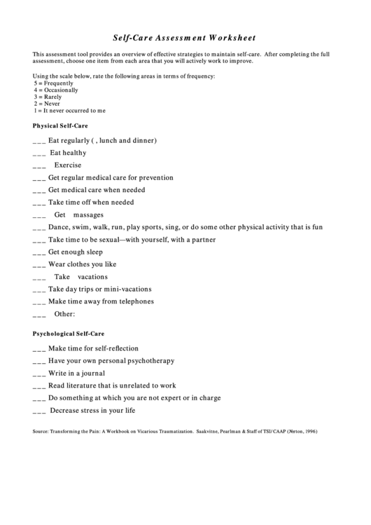Self-Care Assessment Worksheet Printable pdf