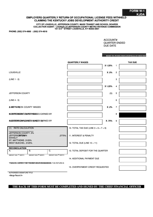 Fillable Form W-1 Kjda - Employers Quarterly Return Of Occupational License Fees Withheld Claiming The Kentucky Jobs Development Authority Credit Printable pdf