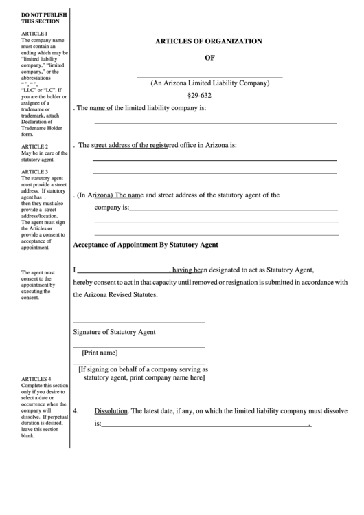 Form Ll:0004 - Articles Of Organization Of An Arizona Limited Liability Company Printable pdf