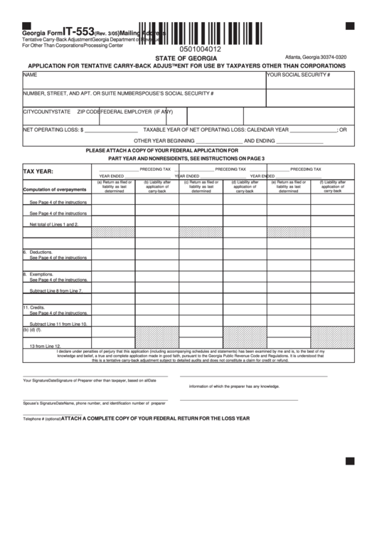 Georgia Form It-553 - Application For Tentative Carry-Back Adjustment For Use By Taxpayers Other Than Corporations Printable pdf