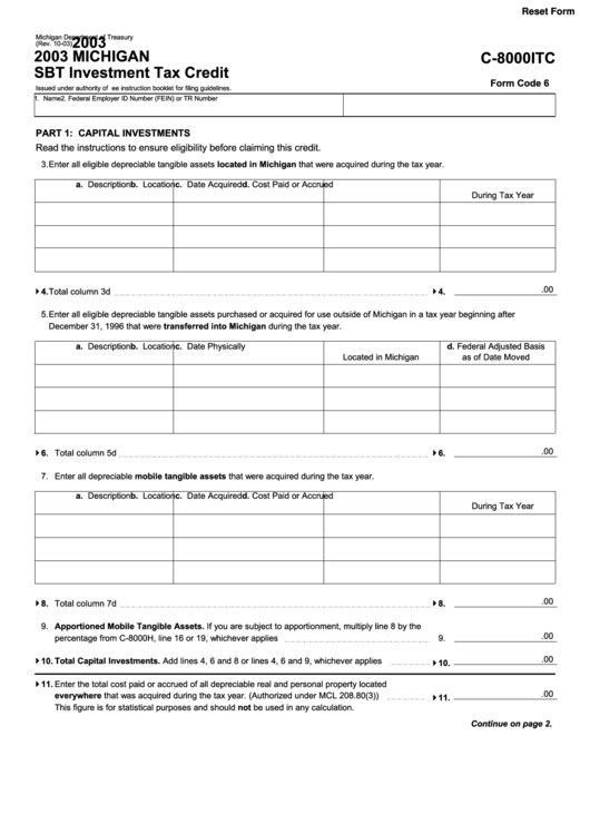 Fillable Form C-8000itc - Michigan Sbt Investment Tax Credit - 2003 Printable pdf