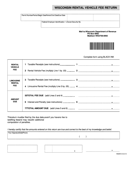 Form Rv-012i - Wisconsin Rental Vehicle Fee Return Printable pdf