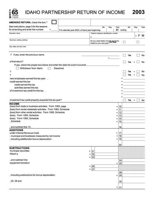 Fillable Form 65 - Idaho Partnership Return Of Income - 2003 Printable pdf