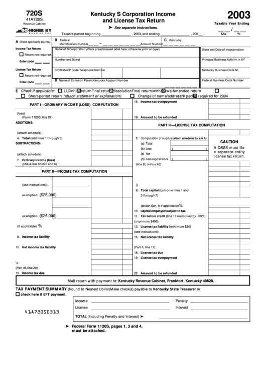 Form 720s - Kentucky S Corporation Income And License Tax Return - 2003 Printable pdf
