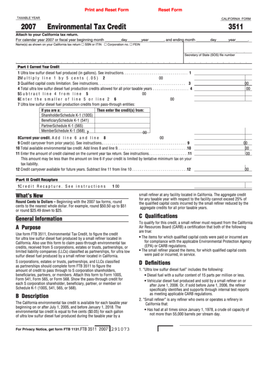 Fillable California Form 3511 - Environmental Tax Credit - 2007 Printable pdf