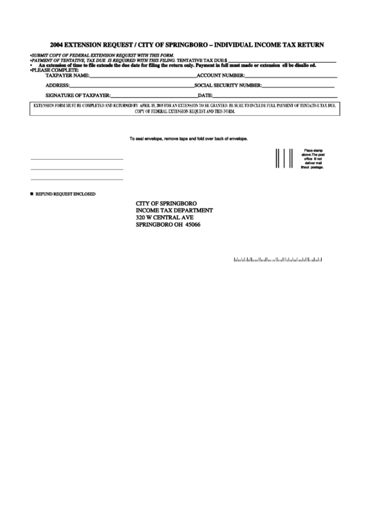 Individual Income Tax Return - City Of Springboro - 2004 Printable pdf