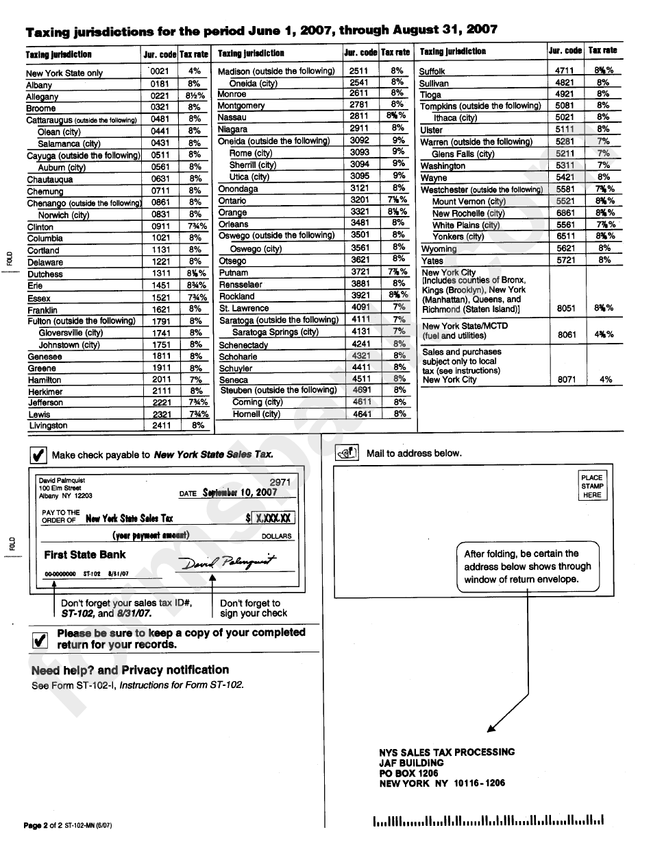 Instructions For Form St-102 - New York State And Local Quarterly Sales And Use Tax Return For A Single Jurisdiction - 2007