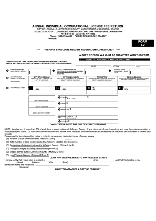 Form I-2 - Annual Individual Occupational License Fee Return Printable pdf