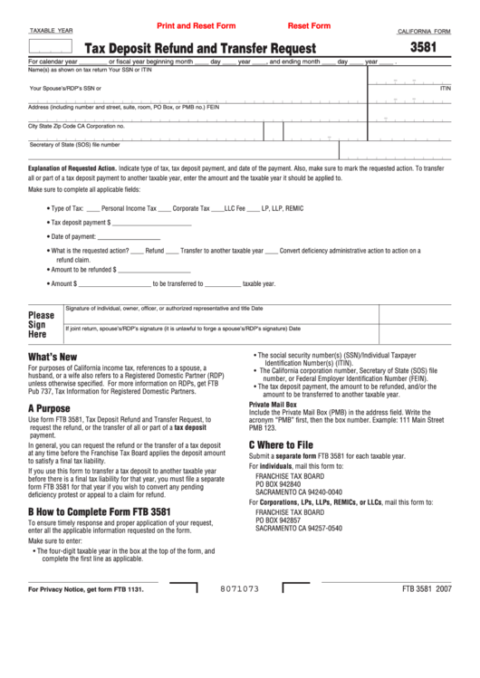 Fillable California Form 3581 - Tax Deposit Refund And Transfer Request - 2007 Printable pdf