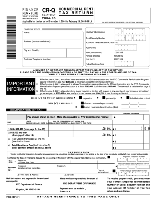 Form Cr-Q - Commercial Rent Tax Return - 2004/05 Printable pdf