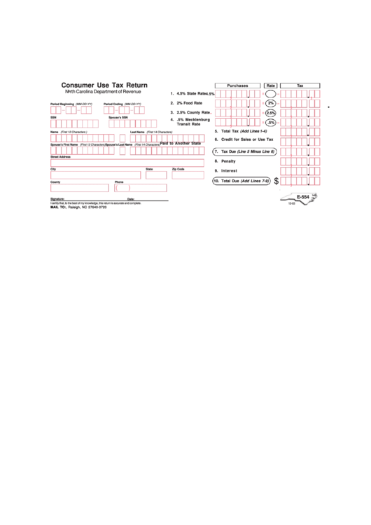 Form E-554 - Consumer Use Tax Return - North Carolina Department Of Revenue Printable pdf
