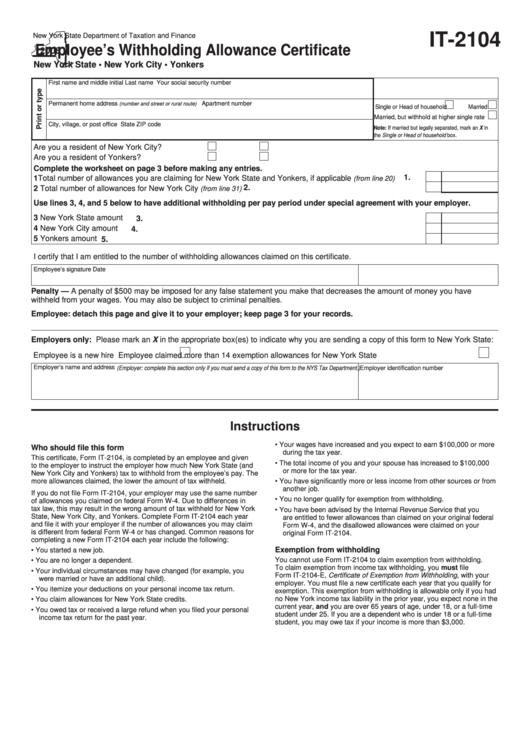 Fillable Form It-2104 - Employee
