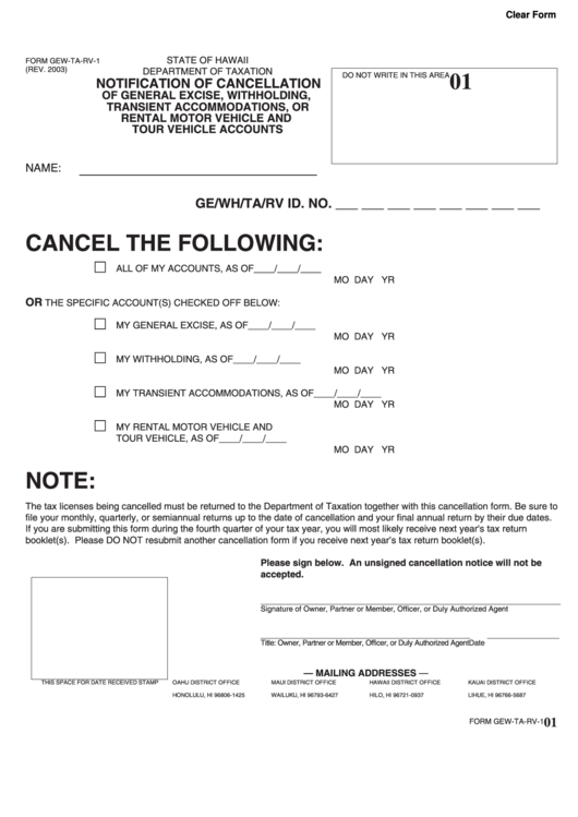 Fillable Form Gew-Ta-Rv-1 - Notification Of Cancellation Of General Excise, Withholding, Transient Accommodations, Or Rental Motor Vehicle And Tour Vehicle Accounts Printable pdf