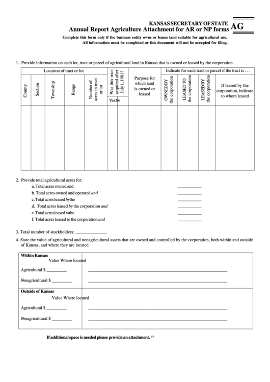Form Ag - Annual Report Agriculture Attachment For Ar Or Np Forms - Kansas Secretary Of State Printable pdf